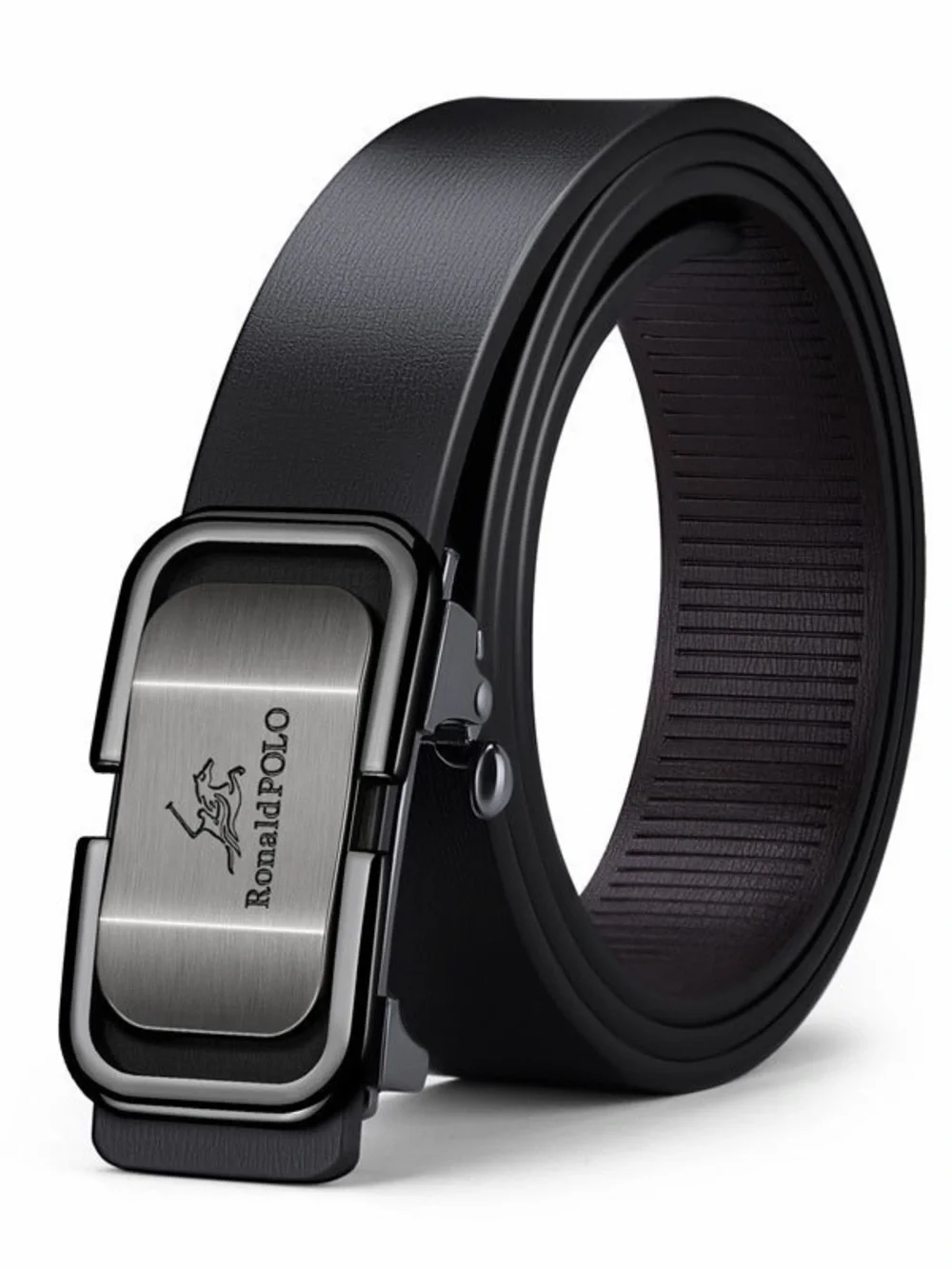 Men's Black Ratchet Leather Belt with Brushed Buckle